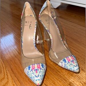 Mix No. 6 Clear Pointed-Toe Heels – Colorful Snakeskin Trim (Size 6)